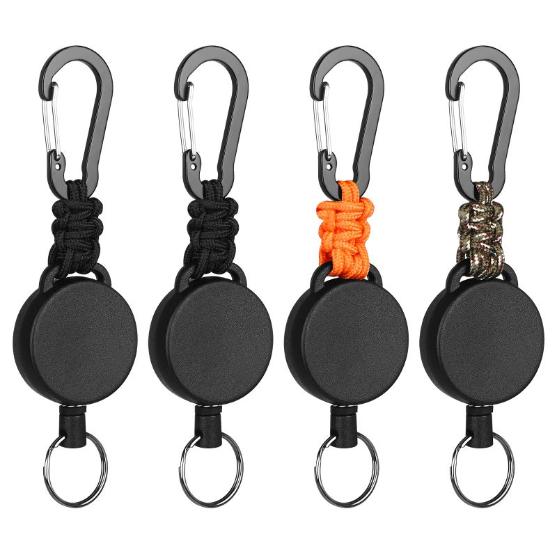Levateeta Retractable Keychain Heavy Duty Carabiner Badge Holder Retractable Badge Reel ID Holder Steel Cord and Paracord Extendable Key Ring 4 Pack - Image 1