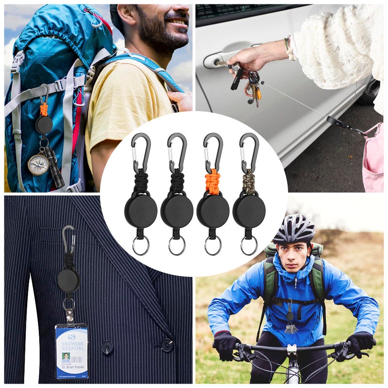 Levateeta Retractable Keychain Heavy Duty Carabiner Badge Holder Retractable Badge Reel ID Holder Steel Cord and Paracord Extendable Key Ring 4 Pack - Image 5