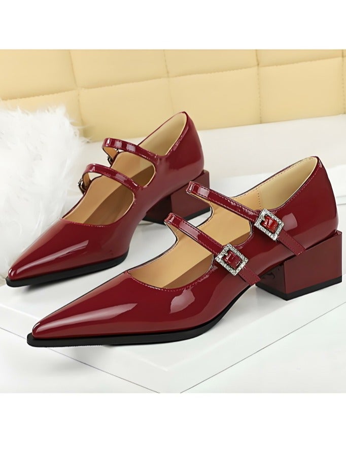 بيج تري ماري جين أحذية الكعب المنخفض المغلق إصبع القدم مع أحذية أحذية النبيذ الأحمر - Image 1