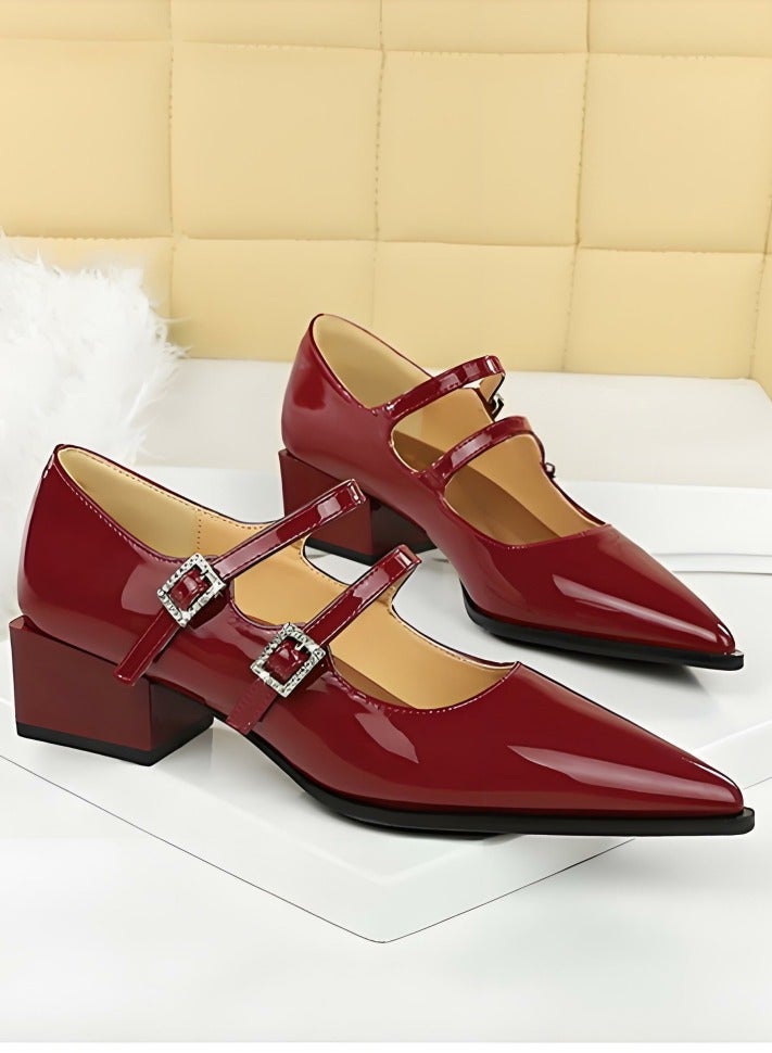 بيج تري ماري جين أحذية الكعب المنخفض المغلق إصبع القدم مع أحذية أحذية النبيذ الأحمر - Image 2