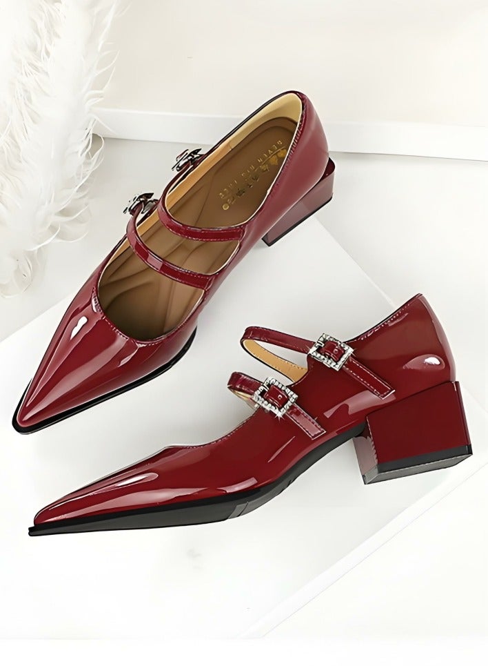 بيج تري ماري جين أحذية الكعب المنخفض المغلق إصبع القدم مع أحذية أحذية النبيذ الأحمر - Image 3