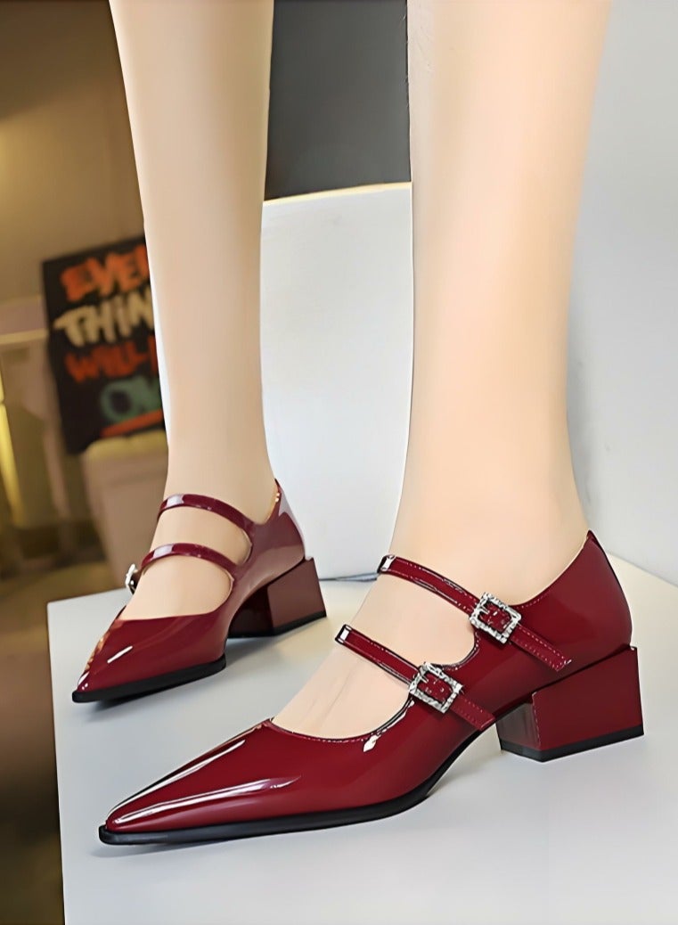 بيج تري ماري جين أحذية الكعب المنخفض المغلق إصبع القدم مع أحذية أحذية النبيذ الأحمر - Image 5