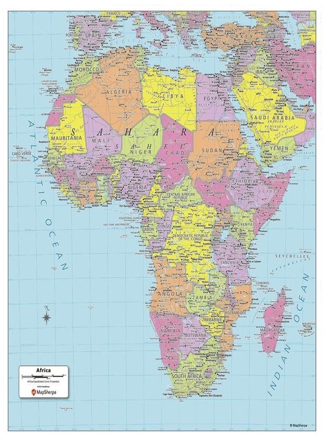 MapSherpa: Africa Political Wall Map - Compact - 16 x 17 inch Poster - Front Lamination - Image 1