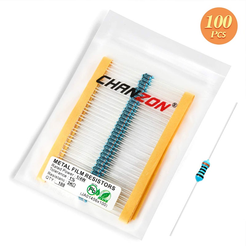 CHANZON 100 قطعة 1/4 واط (0.25 واط) 3K Ω أوم مقاومة فيلم معدني ثابت 0.01 ±1% تحمل 3KR MF مقاومات ثقب مرور معتمدة من روهس - Image 5