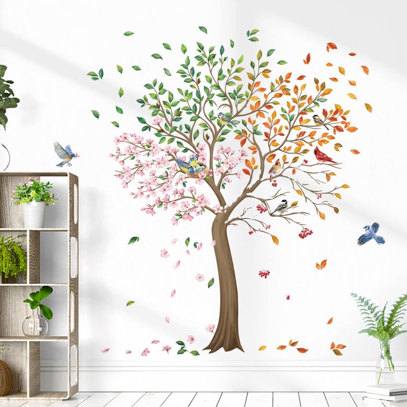 wondever wondever Colorful Large Tree Wall Stickers Tree with Flower Birds Peel and Stick Wall Art Decals for Living Room Bedroom TV Wall (H: 63inch)  - Image 1
