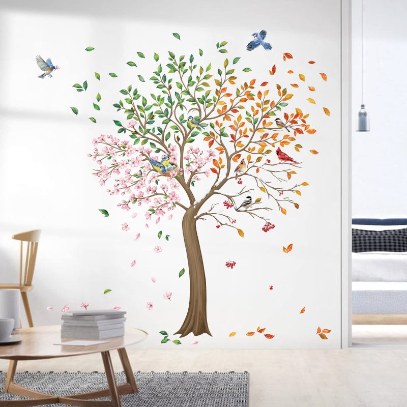 wondever wondever Colorful Large Tree Wall Stickers Tree with Flower Birds Peel and Stick Wall Art Decals for Living Room Bedroom TV Wall (H: 63inch)  - Image 3