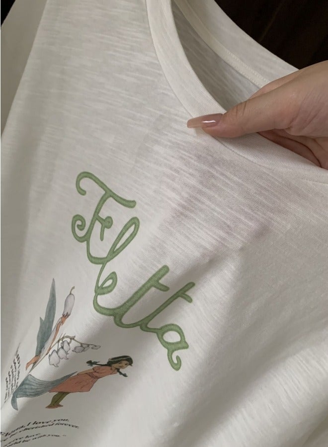 Fleta South Korea's Dongdaemun Fletta Loose Printed Casual Round Neck T-Shirt Top For Women  - Image 4