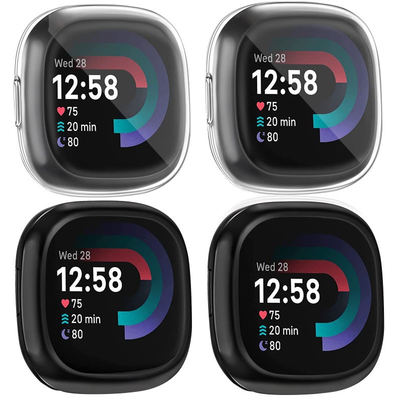 Tobfit [4 Pack] Screen Protector Case Compatible for Fitbit Sense 2 / Fitbit Versa 4, Slim Fit Full Protective Cover Shockproof Bumper Glossy Soft TPU Sense 2 Smartwatch Case Cover (Black+Black+Clear+Clear) - Image 1