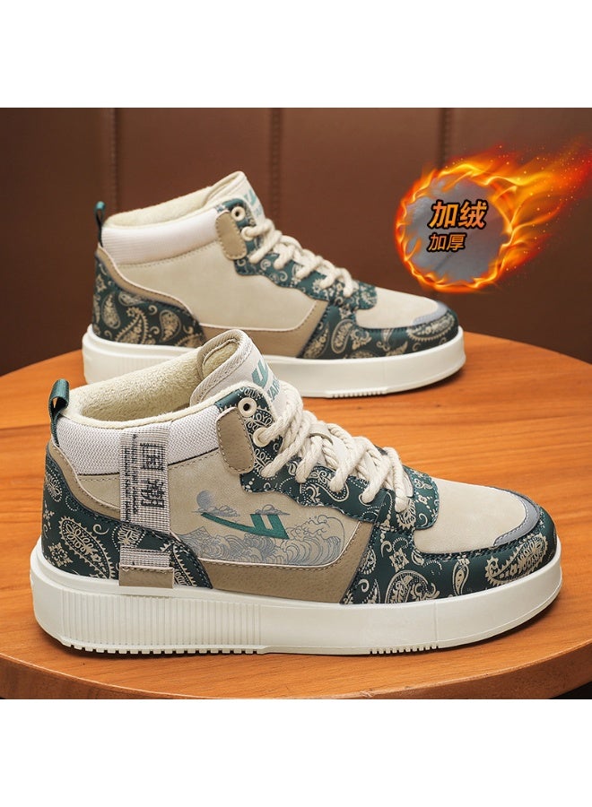 Warrior Winter Fleece-Lined High-Top Sneakers: Retro Paisley Wave Print Thickened Casual Shoes for Men 40SIZE - Image 1