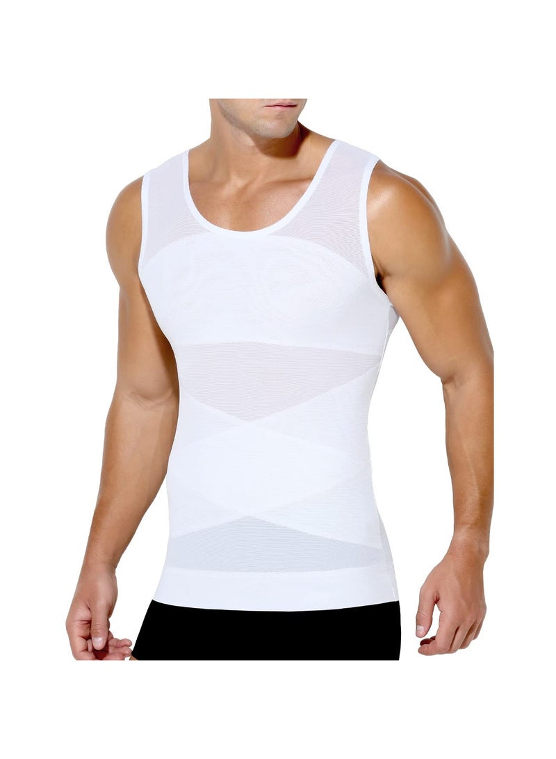 SYOSI Compression Shirts for Men Slimming, Workout Mesh Tank Top Undershirts Shapewear Tight Tummy Underwear, Sleeveless Slimming Vest Men, White - L Size - Image 1