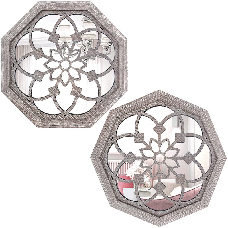 ZOLAPI 2 PCS Octagon WallMounted MirrorsVintage Farmhouse Mirror for Wall DecorBarn Wood Color Decorative Accent Mirror for Foyer Bathroom Bedroom 12x12