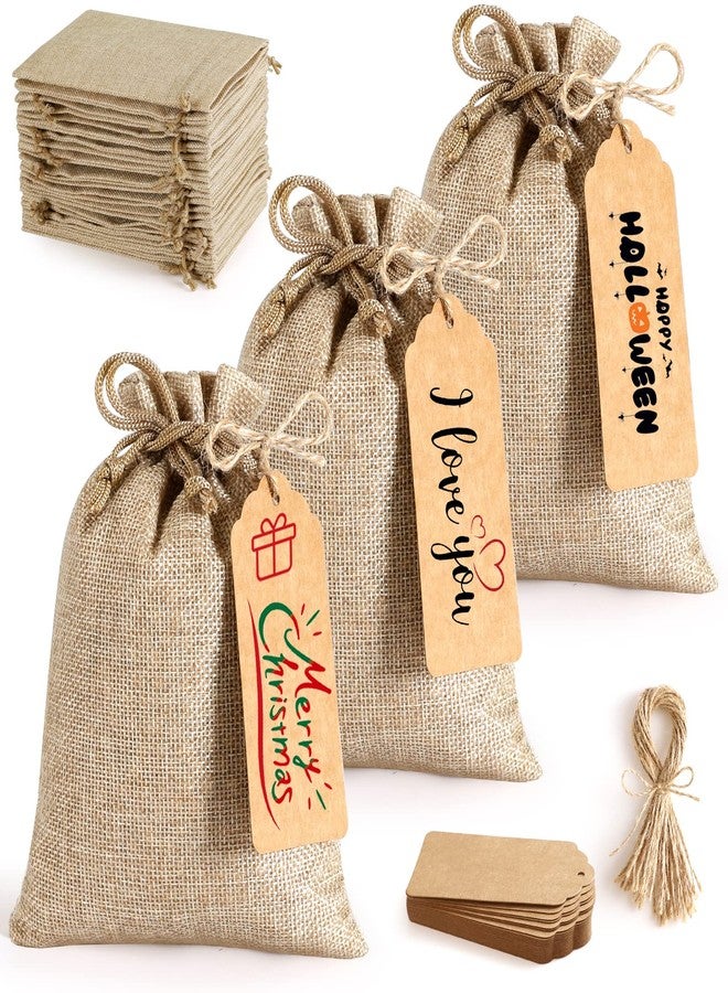WenTao 25Set Reusable Burlap Gift Bags with Drawstring, 5x7" Small Party Favor Gift Bags + Bonus Gift Tags & String, Brown Linen Sacks Bag for Wedding Party Favor, Coffee, DIY Craft Sachet Bulk Bags - Image 1