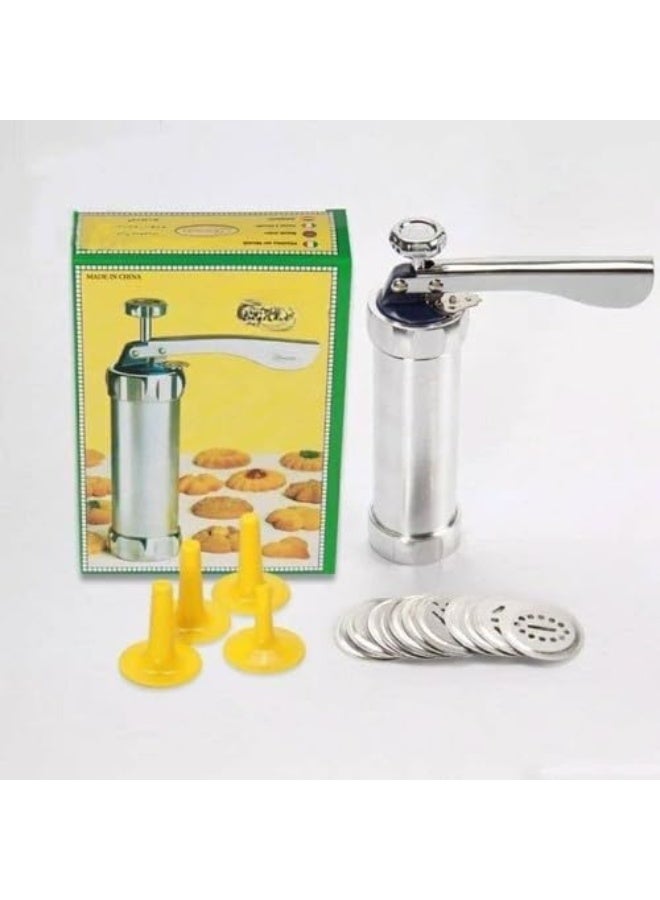 Professional petit four and whipped cream press with cookie shaping discs and cake and dessert decorating cones, easy manual design. - Image 1