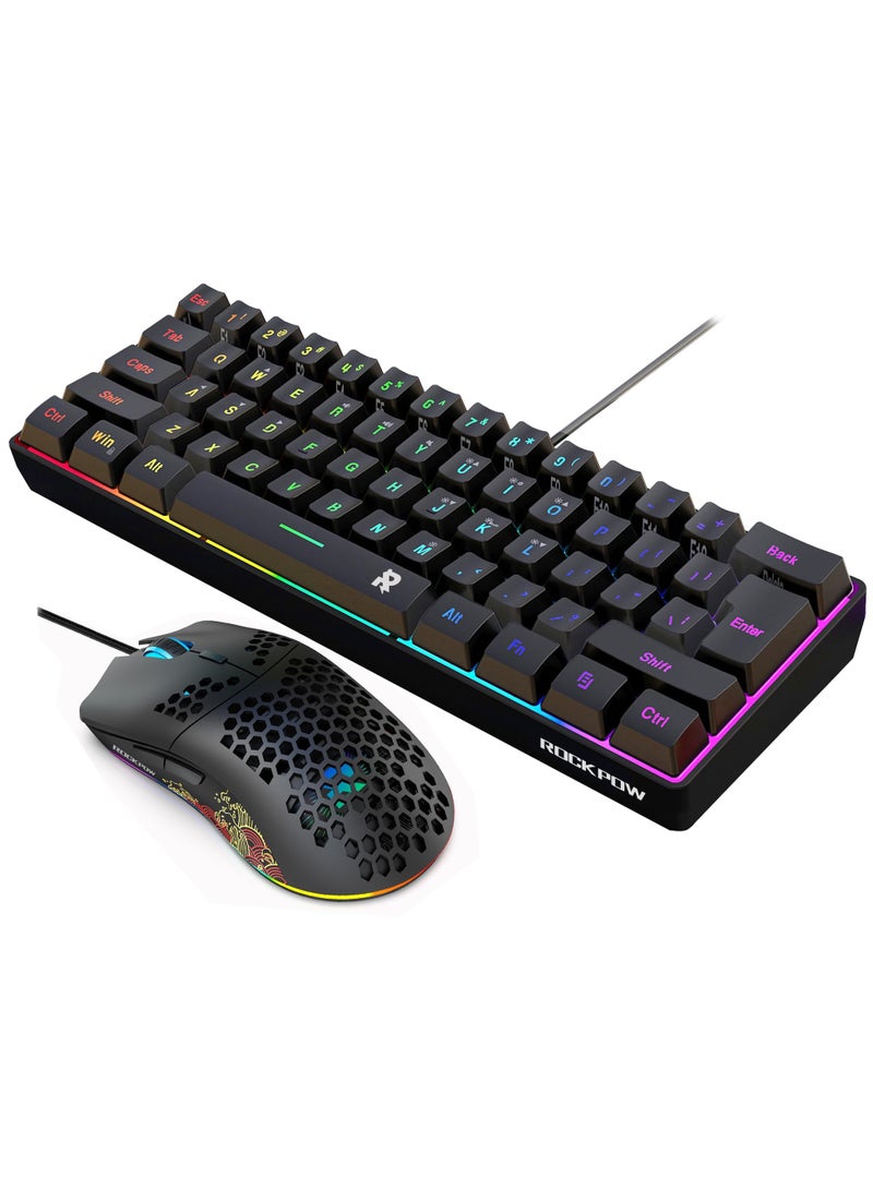 Rock Pow 60% Wired Gaming Keyboard Mouse Combo,RGB Gaming Mice Ergonomic Ultralight 8000DPI Optical Sensor,61 Keys RGB Backlit Gaming Keyboard,Ultra-Compact Mini Waterproof Keyboard for PC Computer Gamer - Image 1