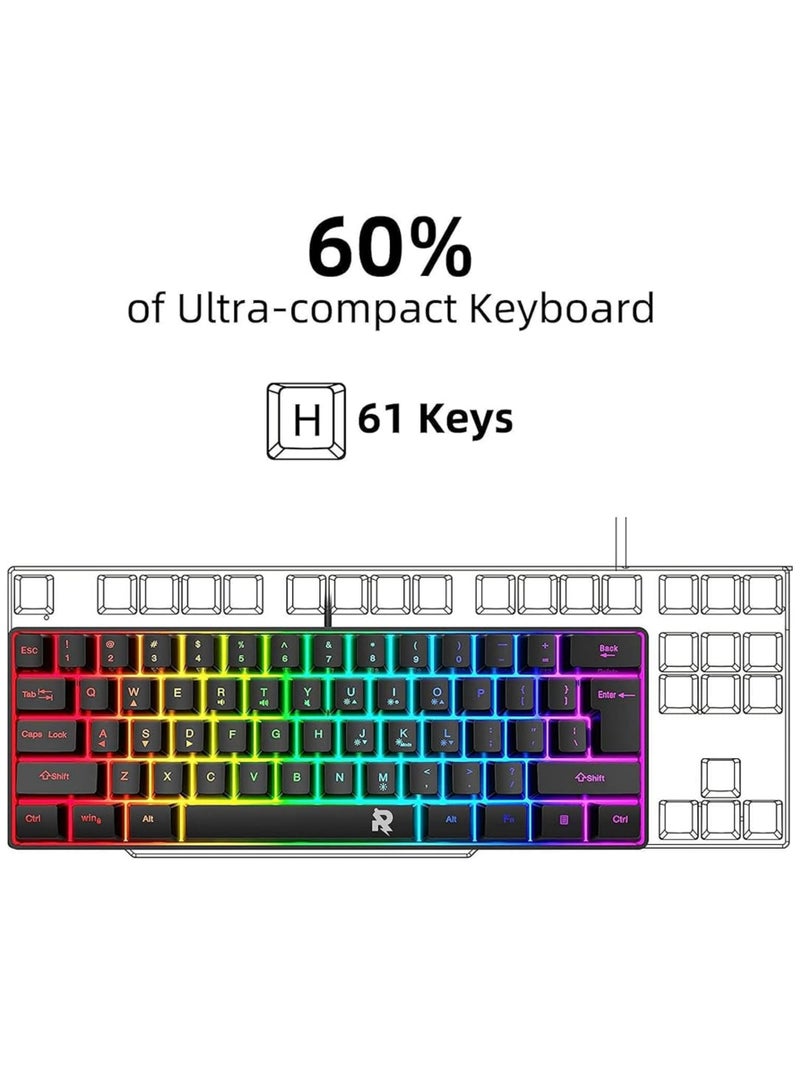 Rock Pow 60% Wired Gaming Keyboard Mouse Combo,RGB Gaming Mice Ergonomic Ultralight 8000DPI Optical Sensor,61 Keys RGB Backlit Gaming Keyboard,Ultra-Compact Mini Waterproof Keyboard for PC Computer Gamer - Image 2