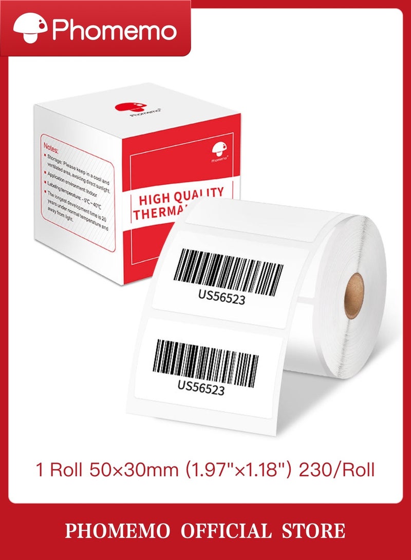 فوميمو ملصقات حرارية بيضاء مقاس 50 مم × 30 مم (1.97 بوصة × 1.18 بوصة) - 230 لكل لفة، أسود على أبيض، 1 لفة | متوافق مع طابعات M110/M120/M150/M200/M220/M221 - Image 1