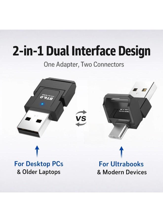 Aura Select USB-C/USB-A Dual Plug Bluetooth 6.0 Adapter for Windows PC｜Plug & Play for Win11/10/8.1｜Connect 7 Devices - Image 2