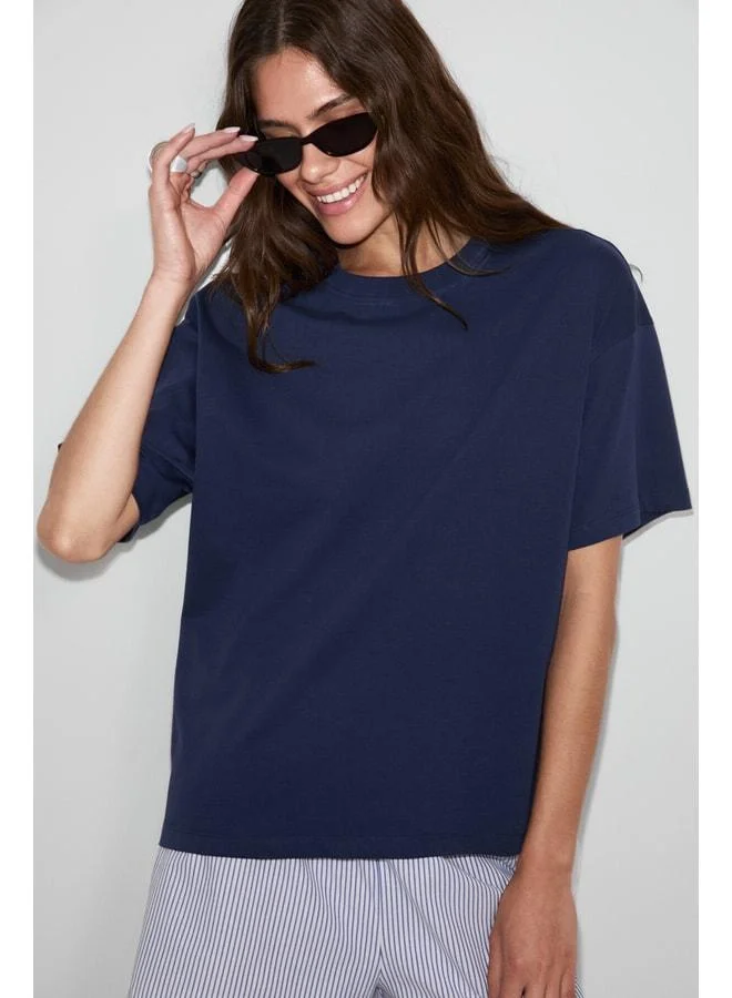 Grimelange LAGERTHA Women's 100% Organic Cotton Thick Textured Oversize Fit Round-Collared Navy T-Shirt.