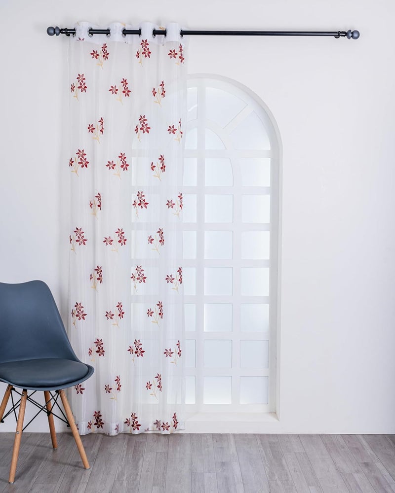 Parda online 7 ft Sheer Tissue Grommet Curtains with Floral Embroidery (Pack of 2) - Maroon & Golden - Image 3