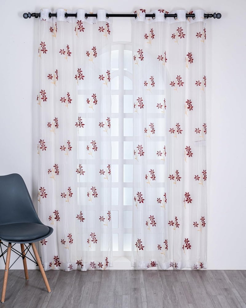 Parda online 7 ft Sheer Tissue Grommet Curtains with Floral Embroidery (Pack of 2) - Maroon & Golden - Image 2