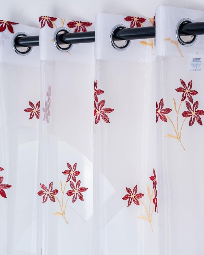 Parda online 7 ft Sheer Tissue Grommet Curtains with Floral Embroidery (Pack of 2) - Maroon & Golden - Image 1