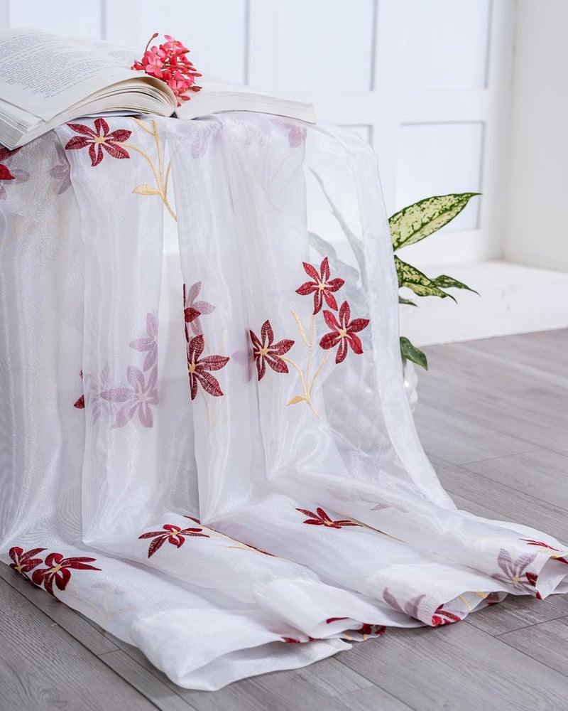 Parda online 7 ft Sheer Tissue Grommet Curtains with Floral Embroidery (Pack of 2) - Maroon & Golden - Image 5