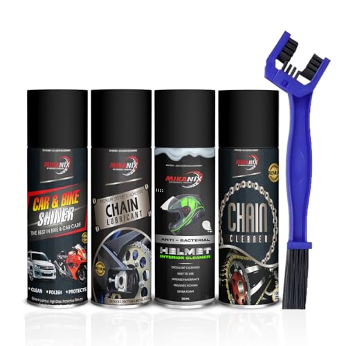 MIKANIX Combo Of Chain Cleaner + Chain Lube + Car & Bike Shiner + Helmet Cleaner Spray | Cleaning Brush | Cleans | Shines & Protects Chain Oil And Helmet (600 ml, Pack of 5) - Image 1