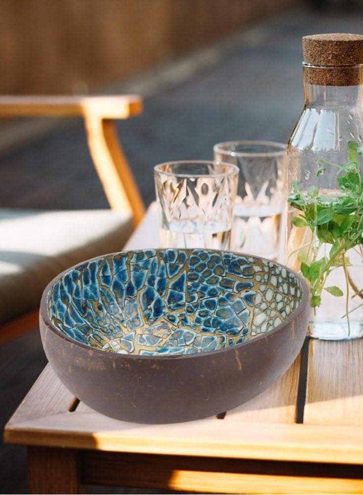 وعاء جوز الهند الطبيعي المرصع باللؤلؤ، أوعية المفاتيح وأوعية الوجبات الخفيفة للفواكه للمفاتيح والحلويات والمكسرات والسلطات وديكور المنزل أوعية من قشرة جوز الهند بتصميمات أوراق النخيل الاستوائية - Image 2