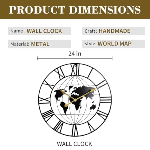 Nubilous Large World Map Analog Wall Clock,Metal Minimalist Modern Clock,Round Silent Non-Ticking Battery Operated for Living Room/Home/Kitchen/Bedroom/Office/School Decor(Black(DA-3),60CM) - Image 5