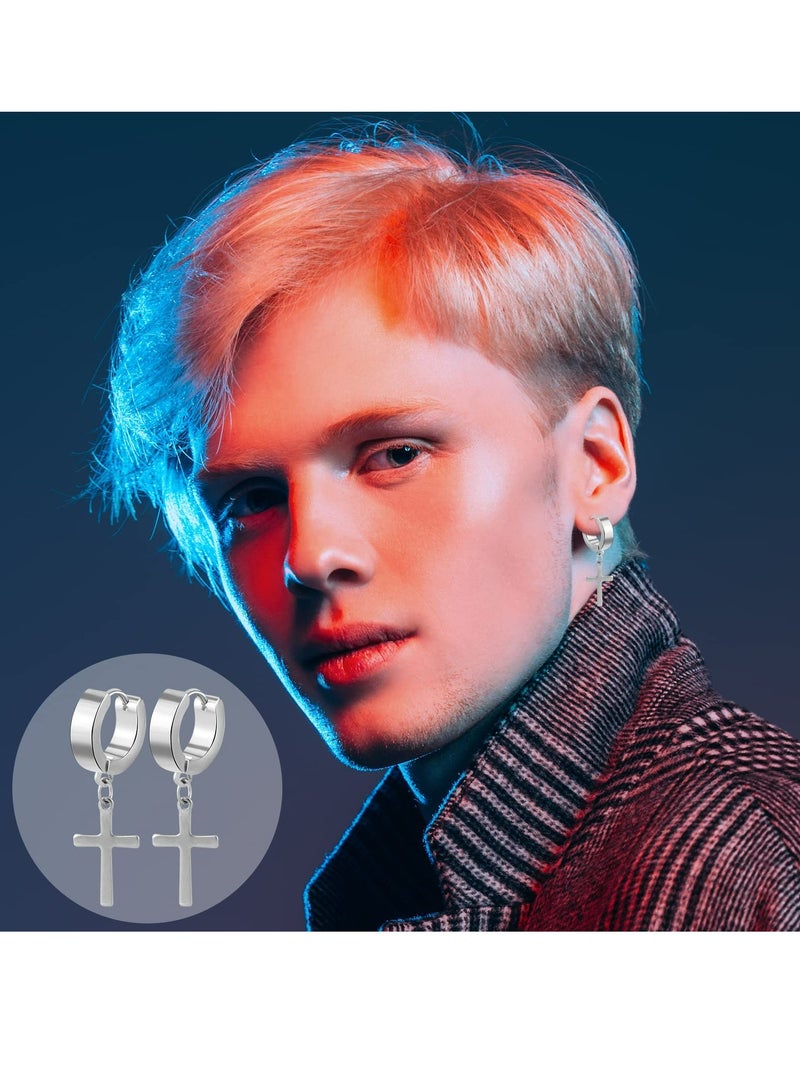 SYOSI Earrings for Men Black Stud Earrings Mens Earrings Stainless Steel Black Earrings for Men, Women, Unisex Jewelry Piercing Hoops and Cross Earrings Set - Image 2