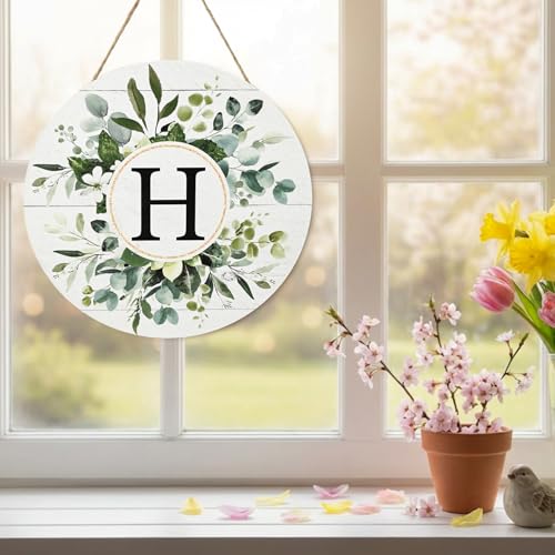 Sm:)e Smile Monogram Letter H Wreaths Wooden Welcome Sign, Family Last Name Initial Front Door Wall Decoration, Floral Spring Summer Porch Rustic Home Kitchen Decor - Image 5
