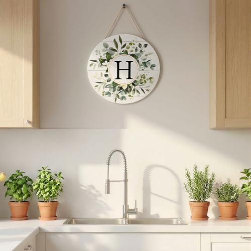 Sm:)e Smile Monogram Letter H Wreaths Wooden Welcome Sign, Family Last Name Initial Front Door Wall Decoration, Floral Spring Summer Porch Rustic Home Kitchen Decor - Image 4
