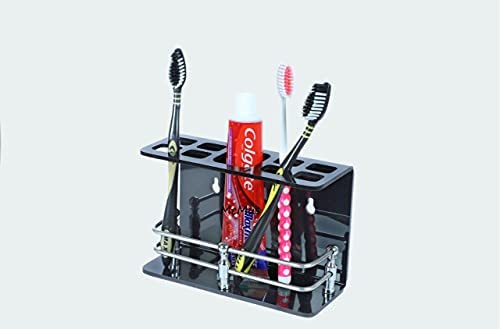 McMus Big Size Wall Mounted self Adhesive Acrylic Tooth Brush/Toothpaste Holder/Stand/Tumbler/Toothpaste for Bathroom Stand Organizer Rack for Home (Big Size, Stainless Steel) (Black) - Image 1