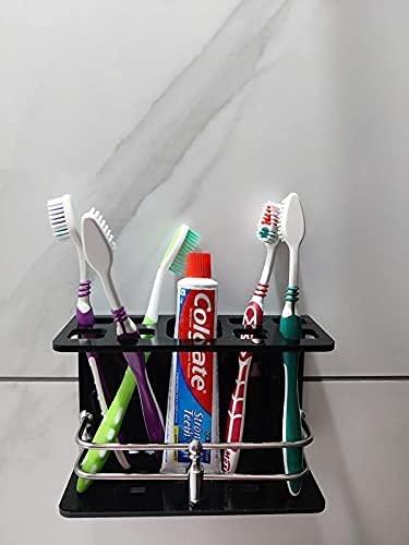 McMus Big Size Wall Mounted self Adhesive Acrylic Tooth Brush/Toothpaste Holder/Stand/Tumbler/Toothpaste for Bathroom Stand Organizer Rack for Home (Big Size, Stainless Steel) (Black) - Image 2