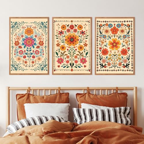 HOURIA 3Pcs Framed Mexican Floral Canvas Wall Art (16"x24"), Abstract Orange Botanical Latin Folk Wall Decor, Vintage Mid Century Modern Tropical Flower Art Print for Office Farmhouse Bedroom - Image 5