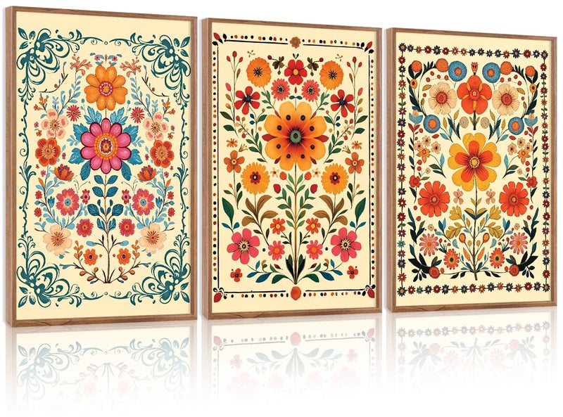 HOURIA 3Pcs Framed Mexican Floral Canvas Wall Art (16"x24"), Abstract Orange Botanical Latin Folk Wall Decor, Vintage Mid Century Modern Tropical Flower Art Print for Office Farmhouse Bedroom - Image 1