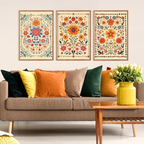HOURIA 3Pcs Framed Mexican Floral Canvas Wall Art (16"x24"), Abstract Orange Botanical Latin Folk Wall Decor, Vintage Mid Century Modern Tropical Flower Art Print for Office Farmhouse Bedroom - Image 2
