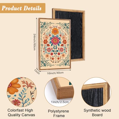HOURIA 3Pcs Framed Mexican Floral Canvas Wall Art (16"x24"), Abstract Orange Botanical Latin Folk Wall Decor, Vintage Mid Century Modern Tropical Flower Art Print for Office Farmhouse Bedroom - Image 3