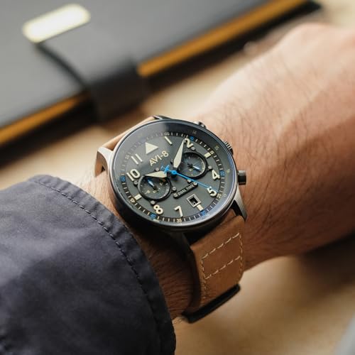 AVI-8 AVI8 Mens 435mm Hawker Hurricane Carey Dual Time Orissa Japanese Quartz Pilot Watch with Leather Strap AV408804 - Image 3