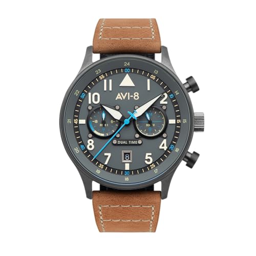 AVI-8 AVI8 Mens 435mm Hawker Hurricane Carey Dual Time Orissa Japanese Quartz Pilot Watch with Leather Strap AV408804 - Image 1