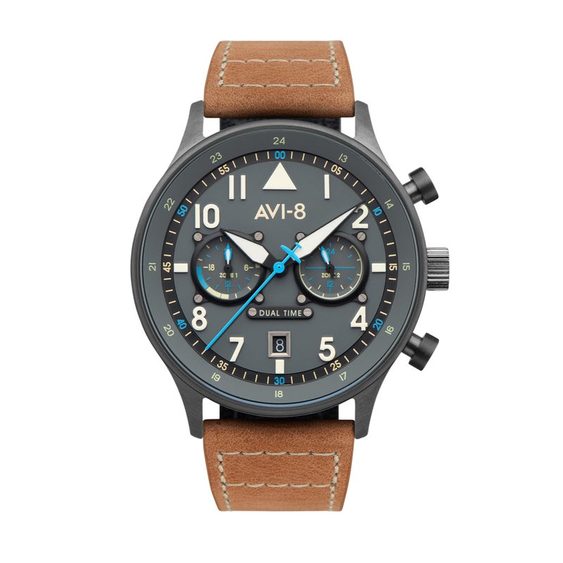 AVI-8 AVI8 Mens 435mm Hawker Hurricane Carey Dual Time Orissa Japanese Quartz Pilot Watch with Leather Strap AV408804 - Image 2