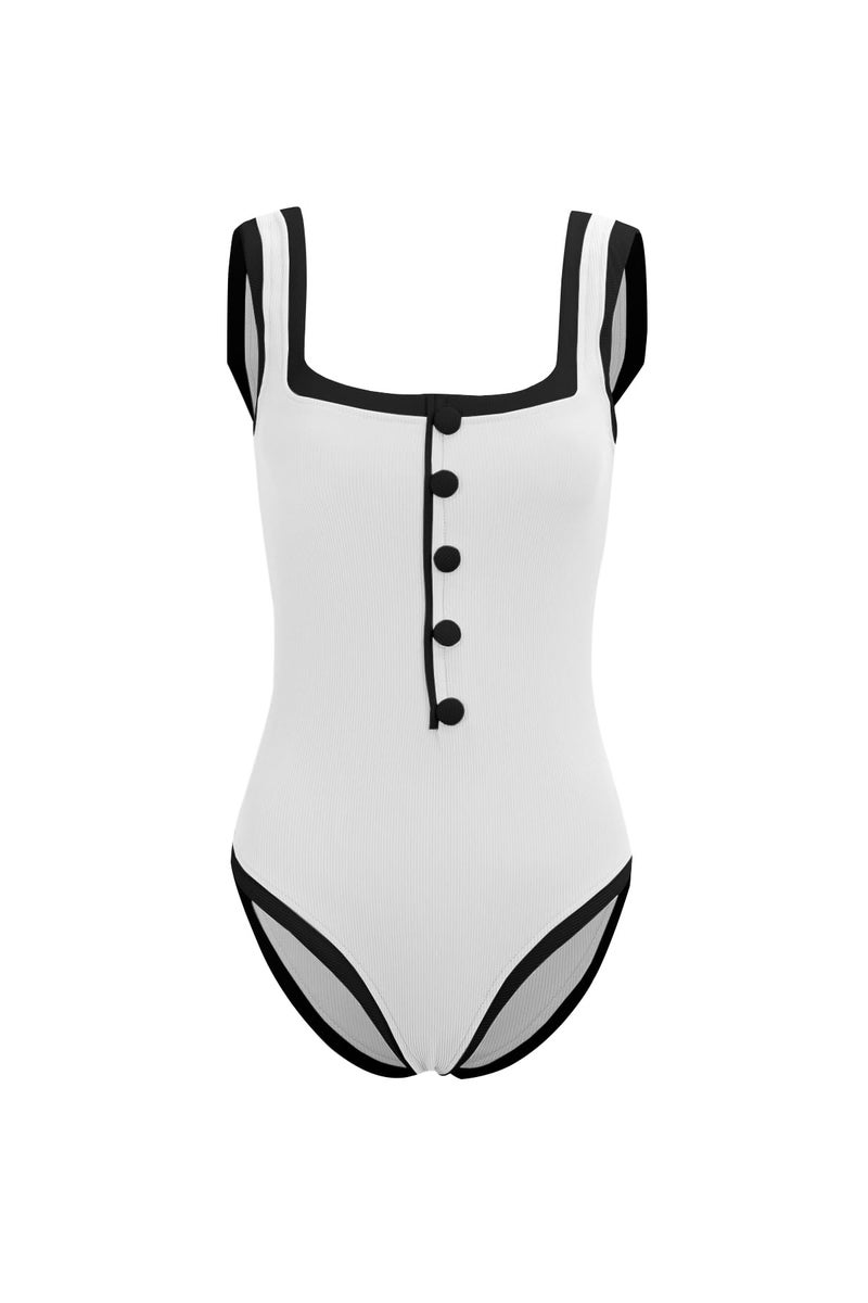Saodimallsu Womens One Piece Swimsuit Vintage Ribbed Slimming High Cut Color Block Button Square Neck Bathing Suit - Image 5