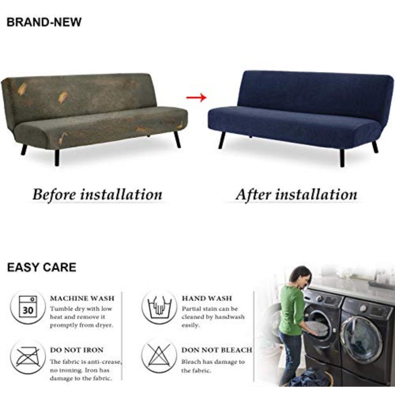 Armless Polyester Spandex Stretch Futon Slipcover 3 Seater Navy Blue Home Living Room Sofa Cover Elastic Fit for Futon Couch - Image 4