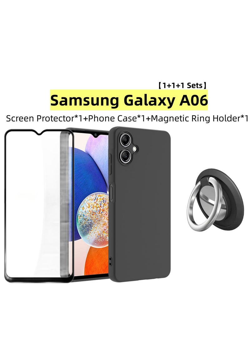 【1+1+1 مجموعات】غطاء لجهاز سامسونج جالاكسي A06 وواقي شاشة وحامل حلقة مغناطيسي من مادة البودينغ المجمدة TPU مع واقي شاشة زجاجي مقسى، حامل حلقة مناسب لجذب المغناطيس في السيارة - Image 1