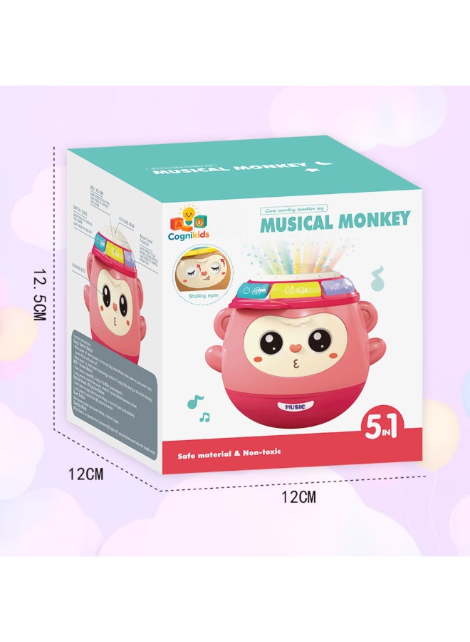 COGNIKIDS لعبة قرد موسيقي مت tumbler 5 في 1 للأطفال – طبل صوت وضوء، عرض نجوم، موسيقى مهدئة، عيون تهتز وميدي | لعبة للأطفال 6 أشهر فما فوق | خالية من BPA | جرس أطفال ممتع مع أضواء 1 قطعة - Image 3