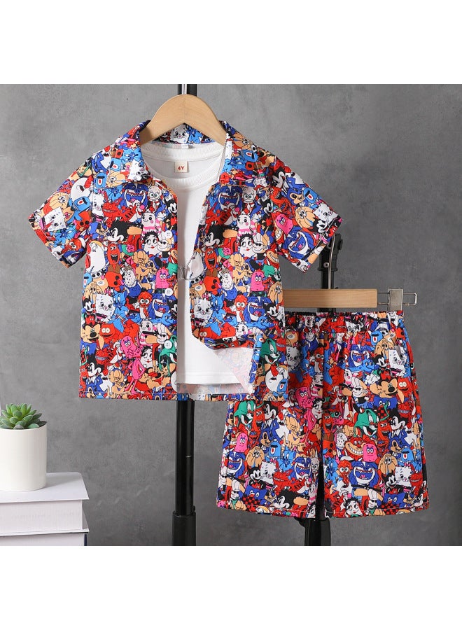 طقم صيفي للبنات من قطعتين: قميص بأكمام قصيرة مطبوع كرتوني وشورتات
