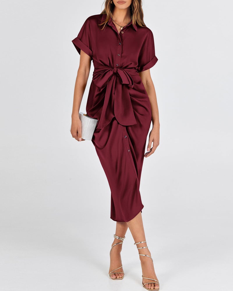BTFBM Shirt Dresses for Women Spring Button Short Sleeve Silk Satin Ruched Maxi Summer Dress 2026 Cocktail Party Wedding(Dark Wine Red, X-Large) - Image 4