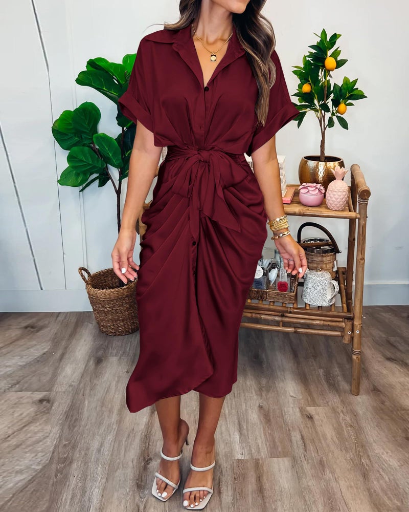 BTFBM Shirt Dresses for Women Spring Button Short Sleeve Silk Satin Ruched Maxi Summer Dress 2026 Cocktail Party Wedding(Dark Wine Red, X-Large) - Image 3