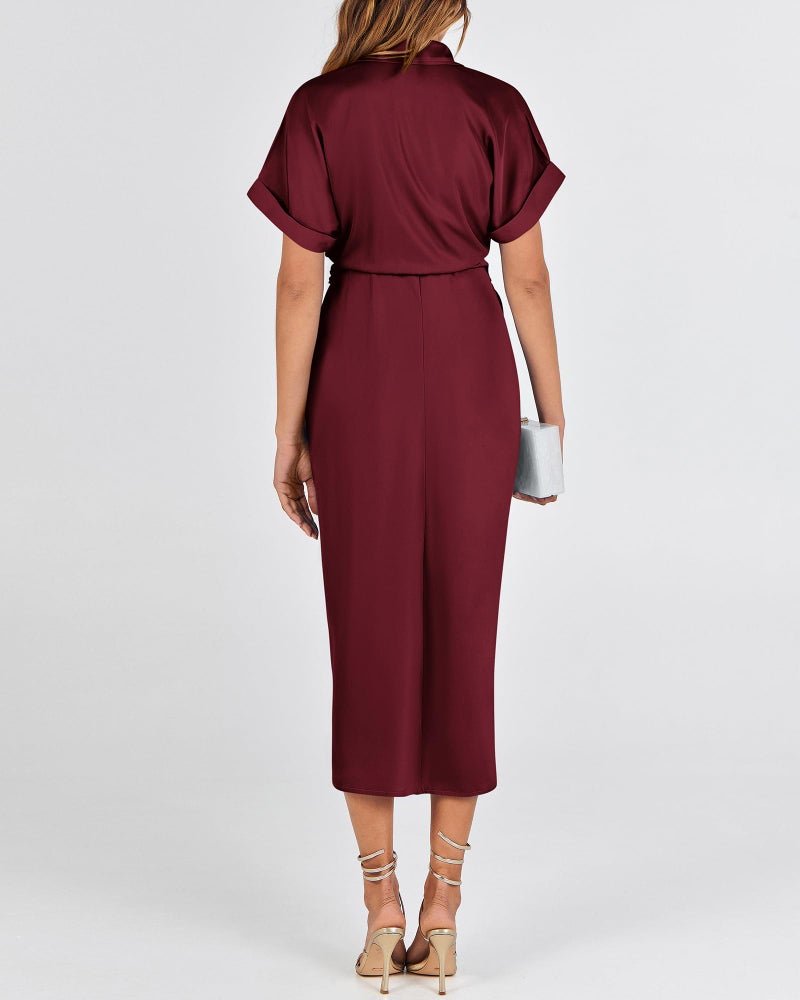 BTFBM Shirt Dresses for Women Spring Button Short Sleeve Silk Satin Ruched Maxi Summer Dress 2026 Cocktail Party Wedding(Dark Wine Red, X-Large) - Image 5