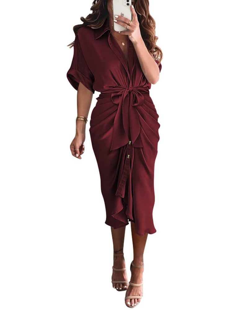 BTFBM Shirt Dresses for Women Spring Button Short Sleeve Silk Satin Ruched Maxi Summer Dress 2026 Cocktail Party Wedding(Dark Wine Red, X-Large) - Image 1